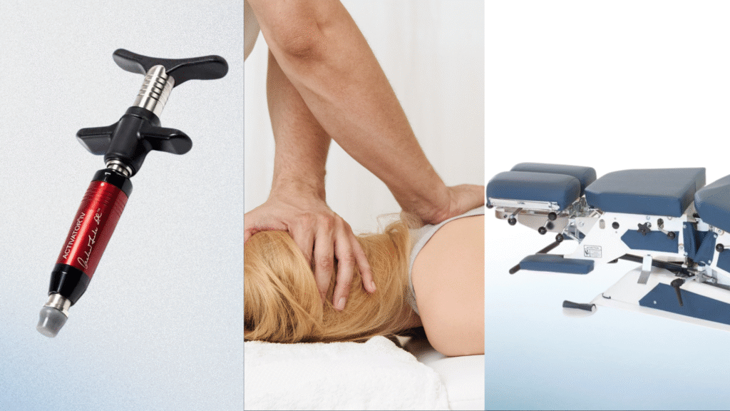 types of chiropractic adjusting techniques: activator instrument, hands-on adjustment, chiropractic drop table, what is chiropractic